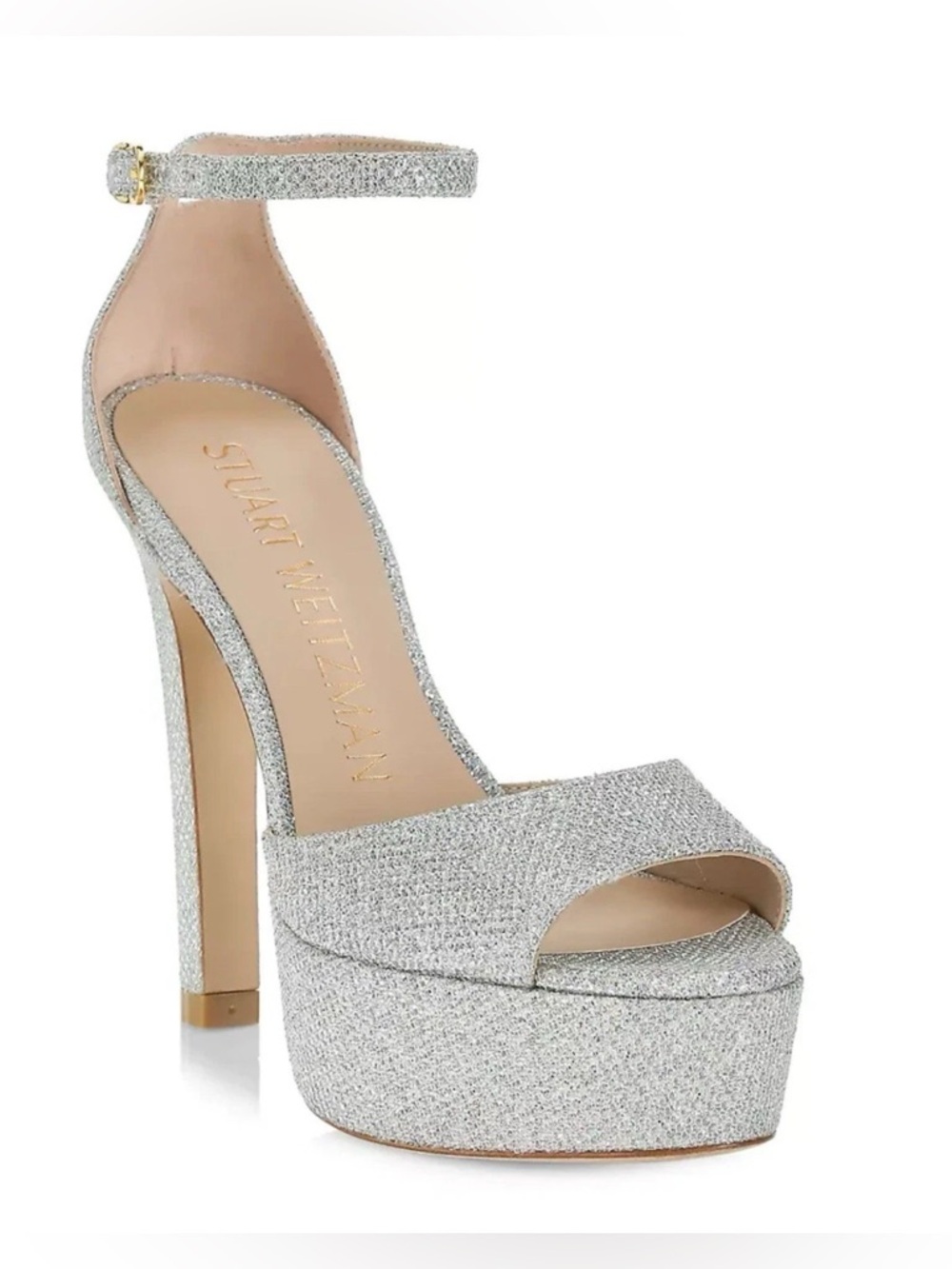 STUART WEITZMAN Discoplatform Shimmery High-Heel Sandal Crystal Silver Size US 9